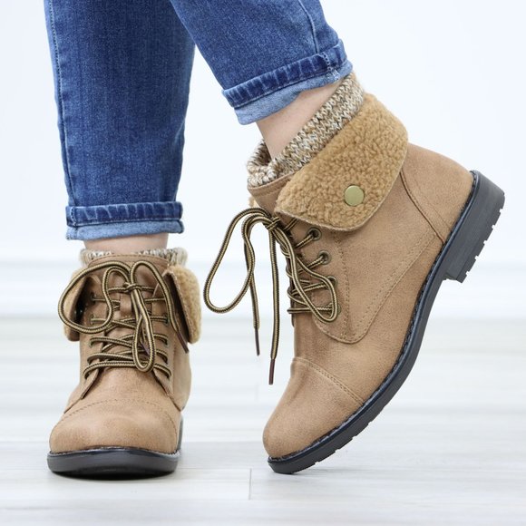 Sherpa Ankle Lined Combat Flat Heel Ankles Boots Tan Faux Leather - Picture 10 of 12